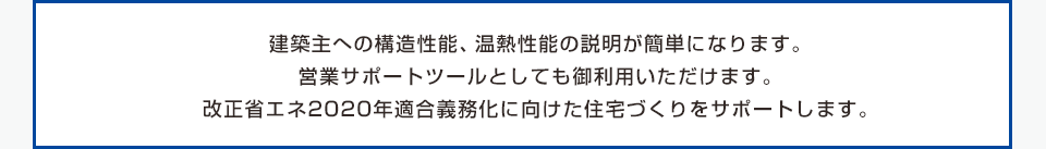 建築主への構造性能、温熱性能の説明が簡単になります。営業サポートツールとしても御利用いただけます。改正省エネ2020年適合義務化に向けた住宅づくりをサポートいたします。